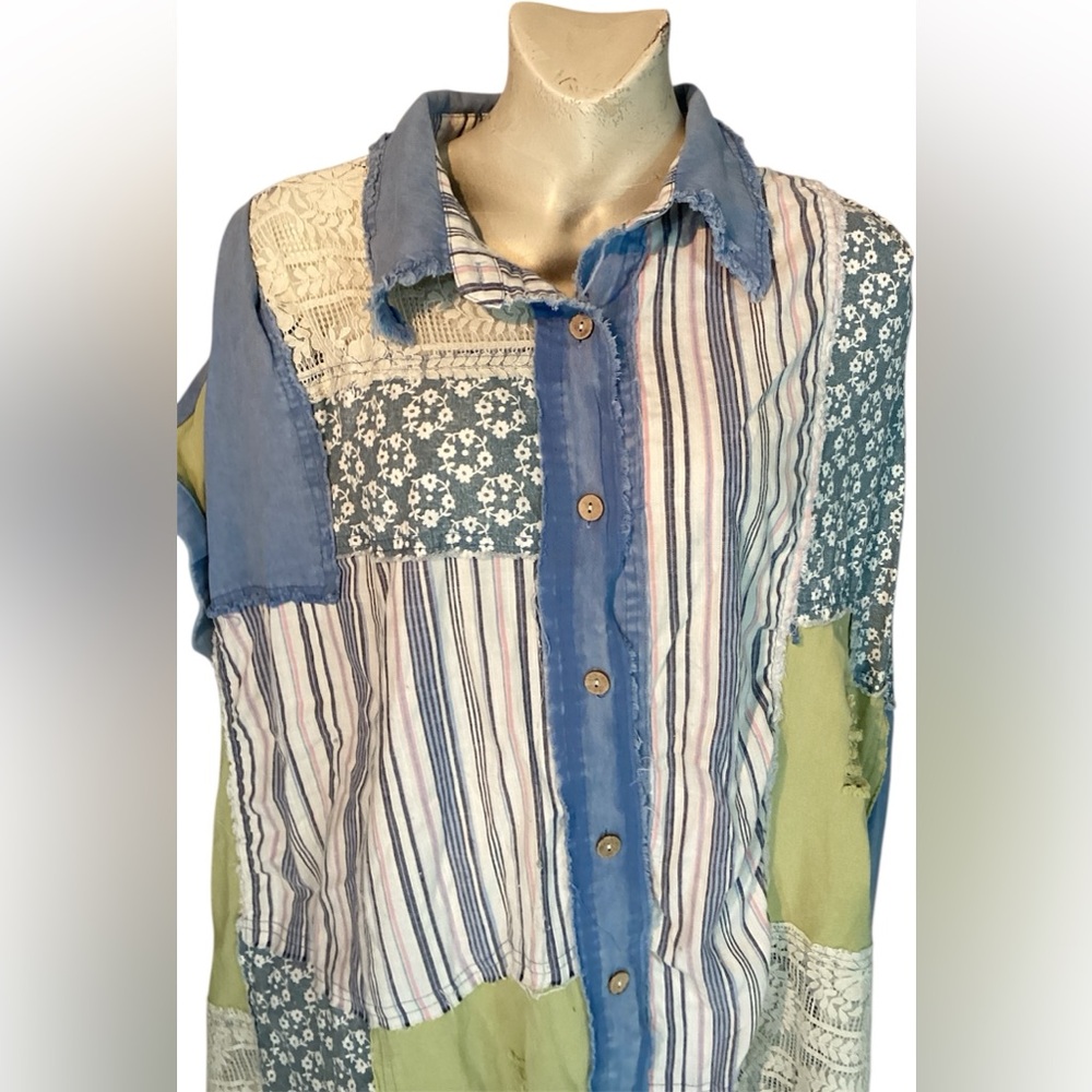 Blue Velvet Patchwork Button Down Bat-Wing Tunic/Shirt Sz S/M - Picture 6 of 10